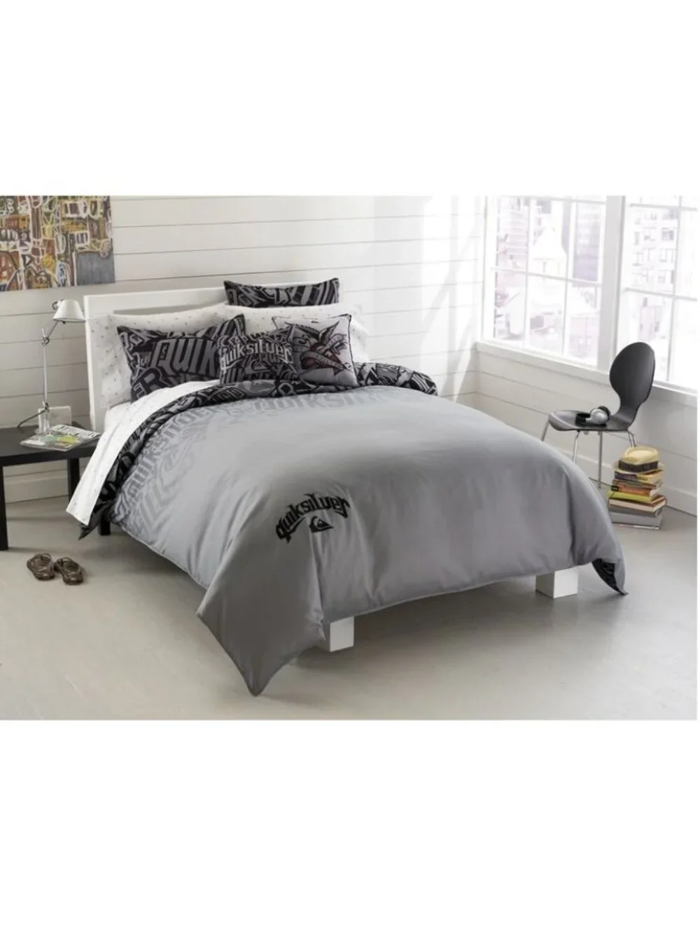NEW~TWIN XL Comforter/Duvet Cover+Sham+sheet bed set~QuikSilver white gray 5pc